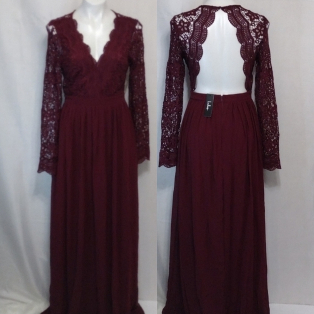 NWT Lulus Burgundy Lace Open Back Maxi Gown Romantic Formal Evening Glam Medium - Picture 2 of 14